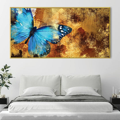 Vibrant Blue Butterfly Flourishing in Golden Abstract Landscape Oil Painting