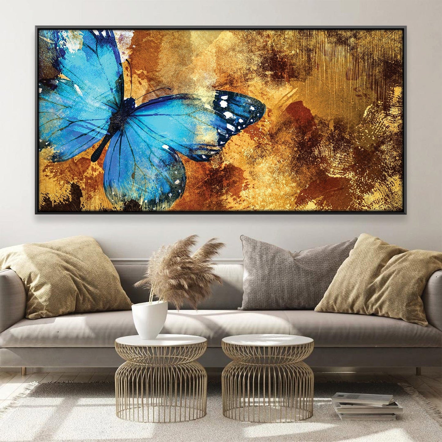 Vibrant Blue Butterfly Flourishing in Golden Abstract Landscape Oil Painting