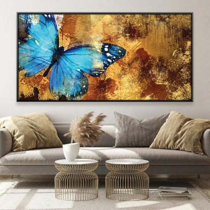 Vibrant Blue Butterfly Flourishing in Golden Abstract Landscape Oil Painting