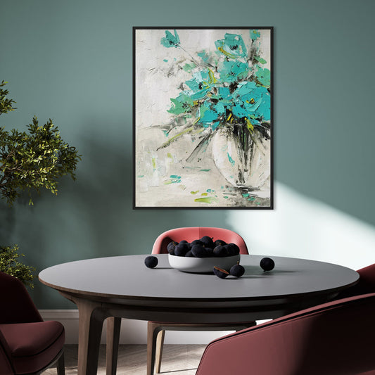 Vibrant Floral Still Life in Aqua and Cream Oil Painting for Home Decoration