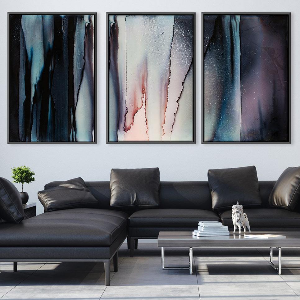 Abstract Fluid Oil Painting Trio in Shades of Black and Pastel for Modern Decor