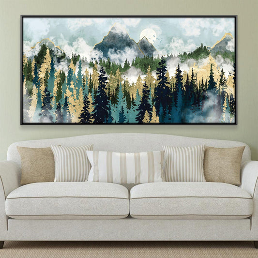 Misty Forest Landscape Oil Painting with Majestic Mountains and Moonlight