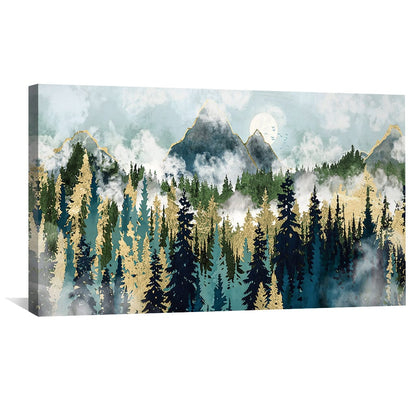 Misty Forest Landscape Oil Painting with Majestic Mountains and Moonlight