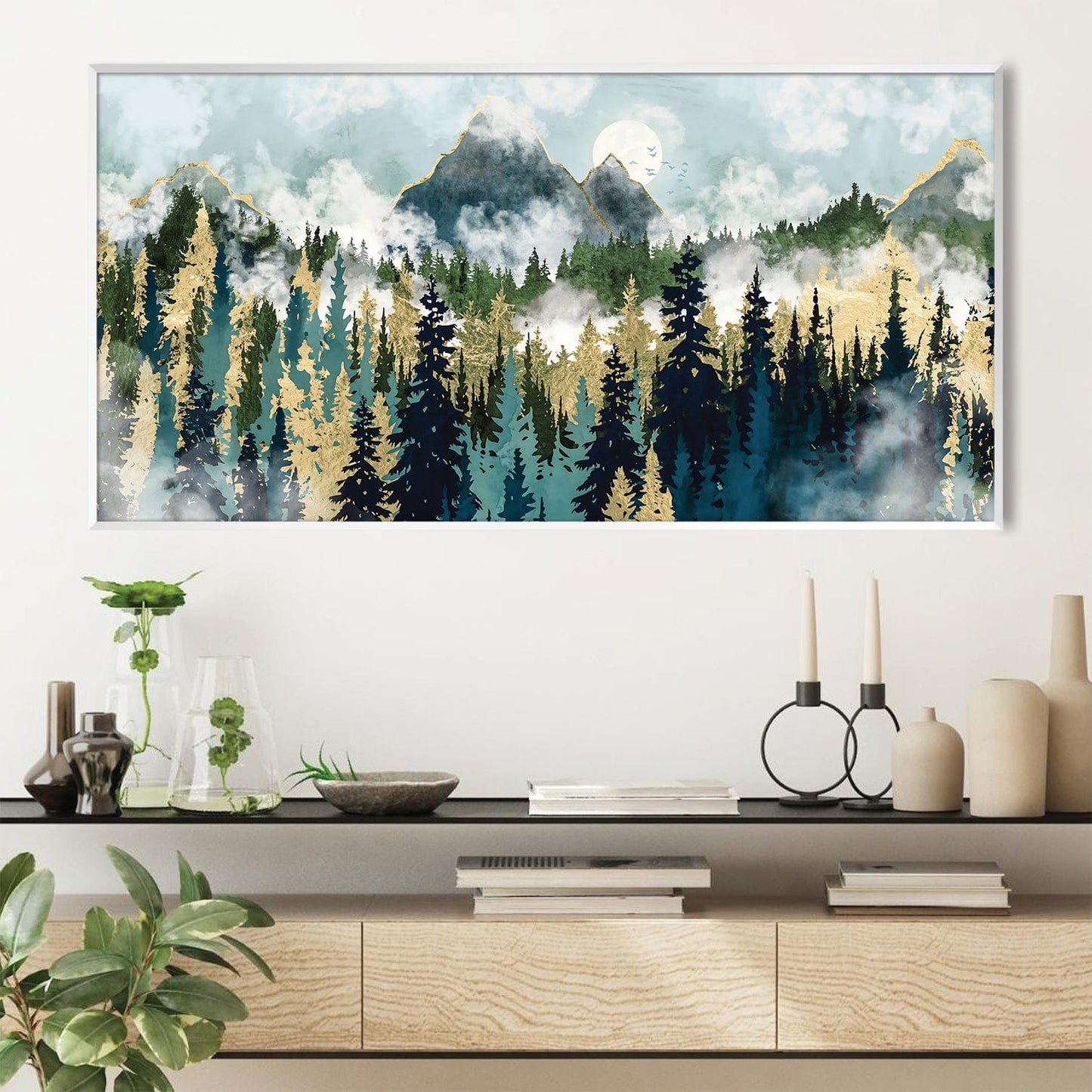 Misty Forest Landscape Oil Painting with Majestic Mountains and Moonlight