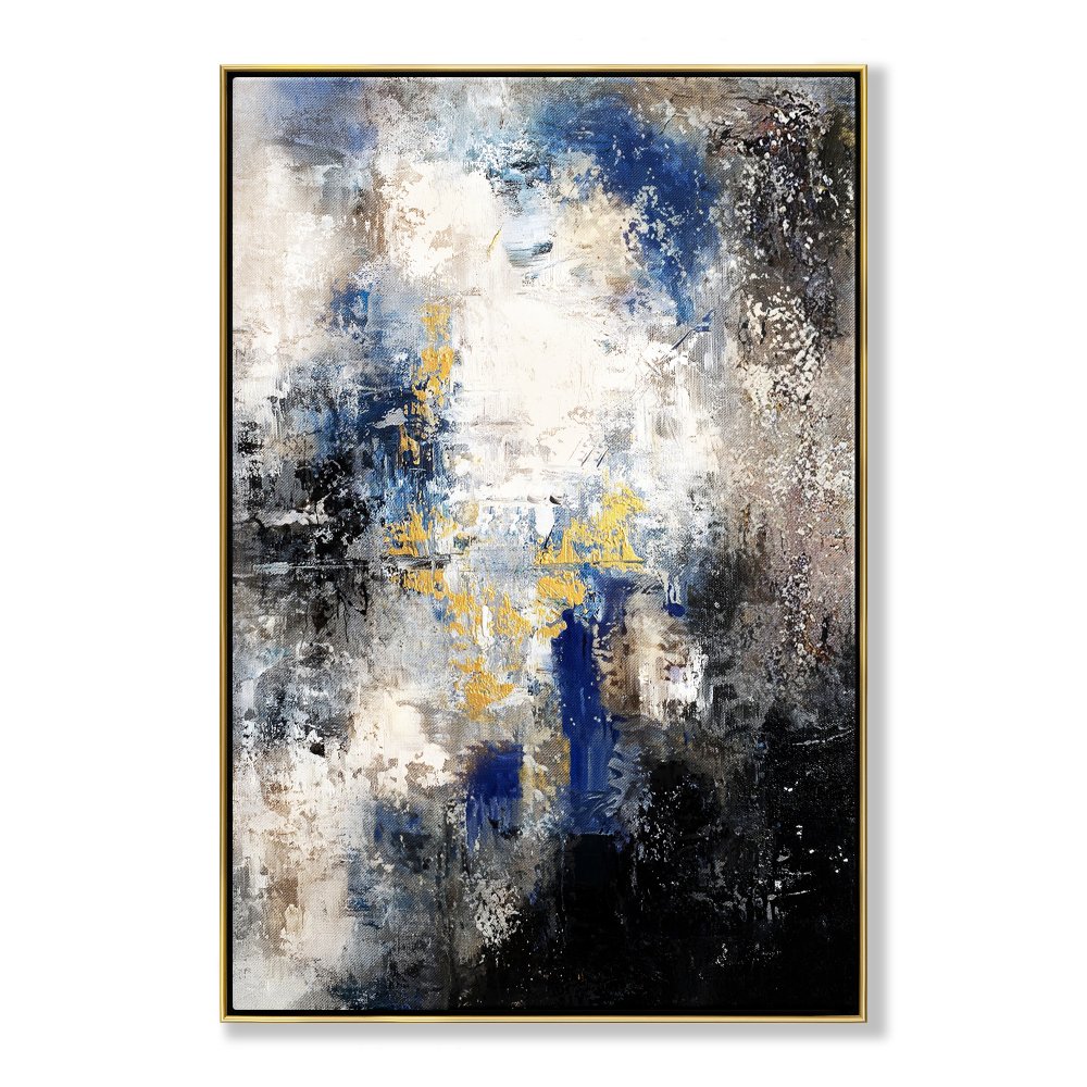 Abstract Oil Painting: Enigmatic Blue and Gold Landscape for Modern Decor