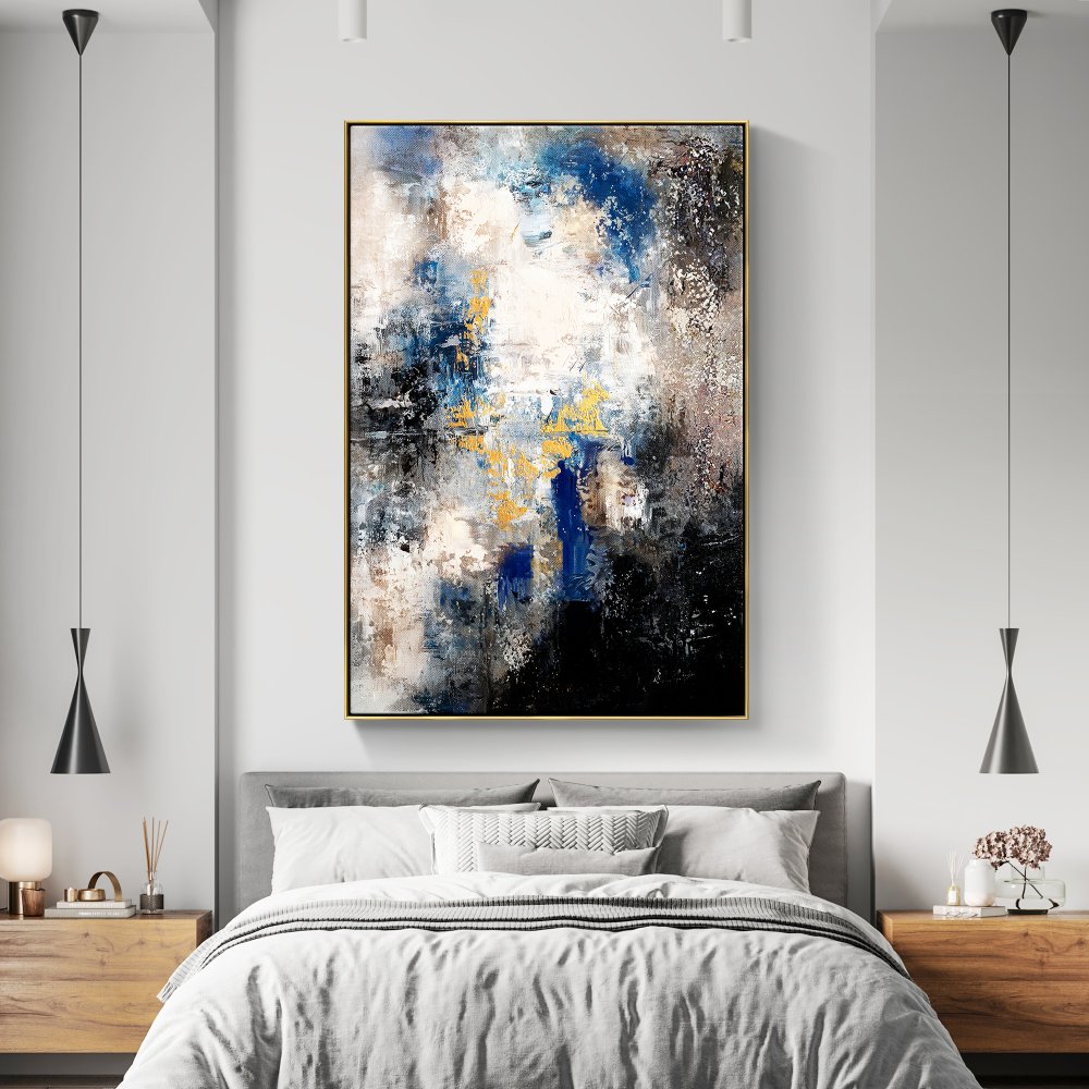 Abstract Oil Painting: Enigmatic Blue and Gold Landscape for Modern Decor