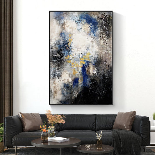 Abstract Oil Painting: Enigmatic Blue and Gold Landscape for Modern Decor