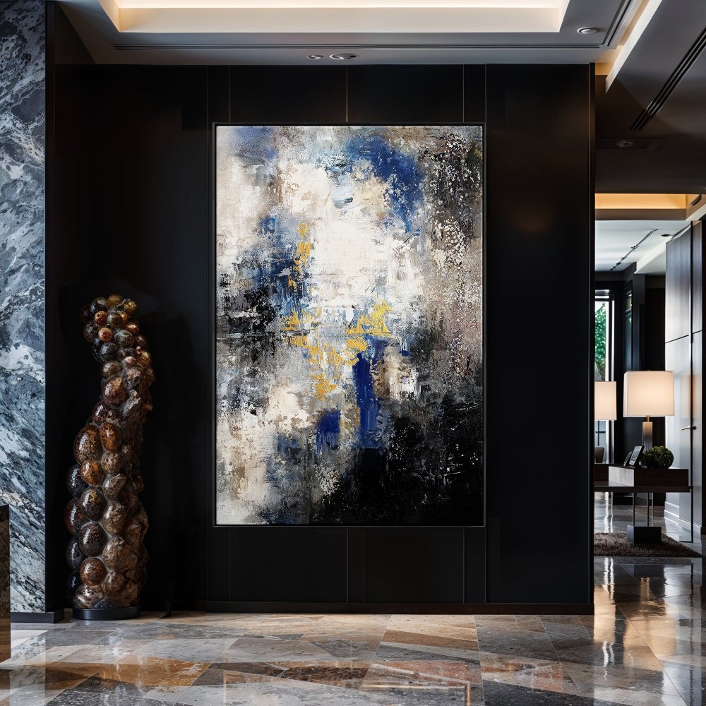 Abstract Oil Painting: Enigmatic Blue and Gold Landscape for Modern Decor