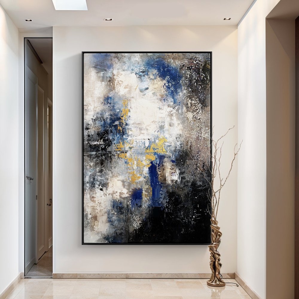 Abstract Oil Painting: Enigmatic Blue and Gold Landscape for Modern Decor