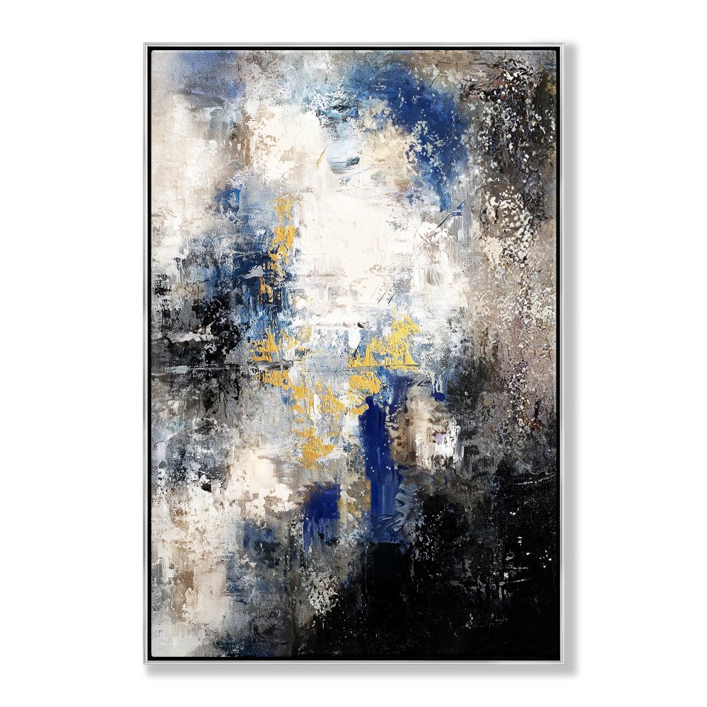 Abstract Oil Painting: Enigmatic Blue and Gold Landscape for Modern Decor