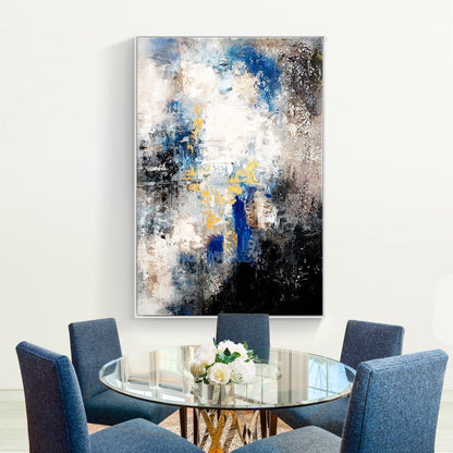 Abstract Oil Painting: Enigmatic Blue and Gold Landscape for Modern Decor