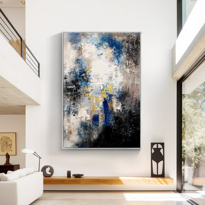 Abstract Oil Painting: Enigmatic Blue and Gold Landscape for Modern Decor