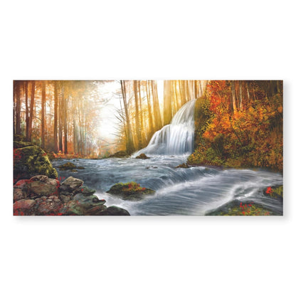 Tranquil Forest River Oil Painting with Waterfall and Autumn Colors