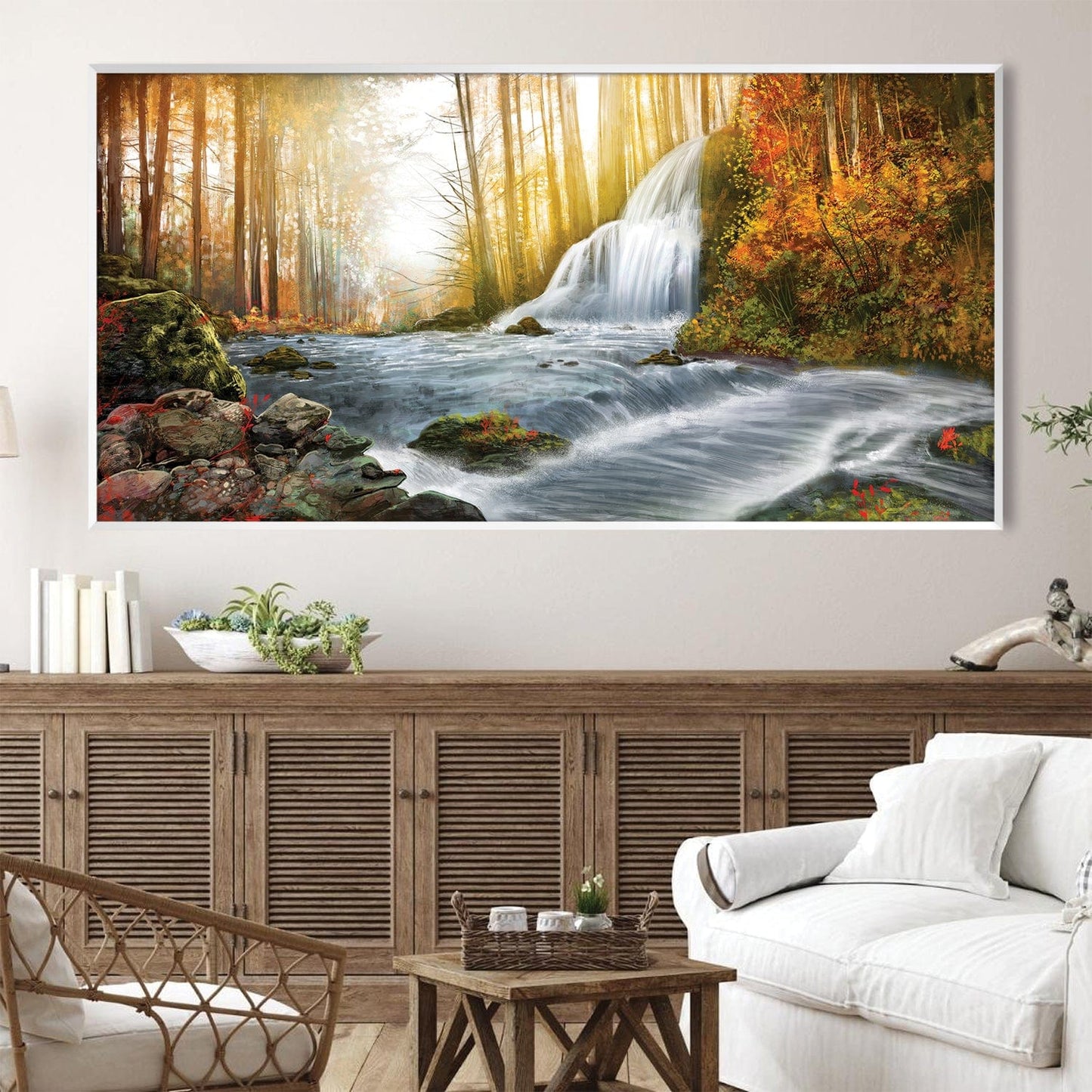Tranquil Forest River Oil Painting with Waterfall and Autumn Colors