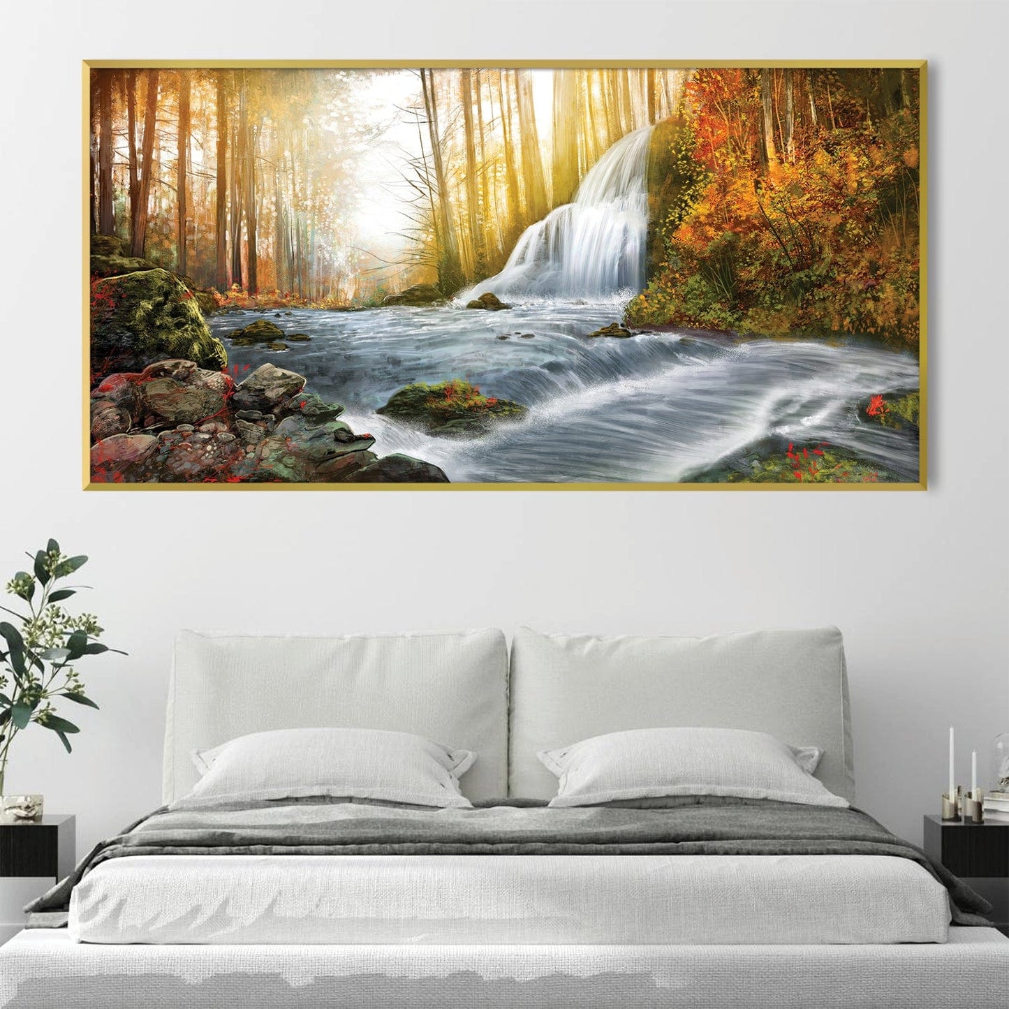 Tranquil Forest River Oil Painting with Waterfall and Autumn Colors