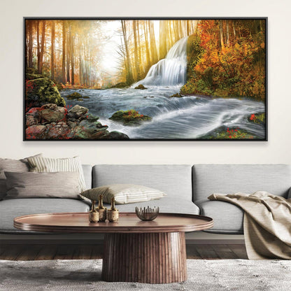 Tranquil Forest River Oil Painting with Waterfall and Autumn Colors