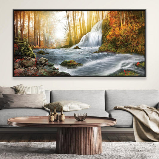 Tranquil Forest River Oil Painting with Waterfall and Autumn Colors