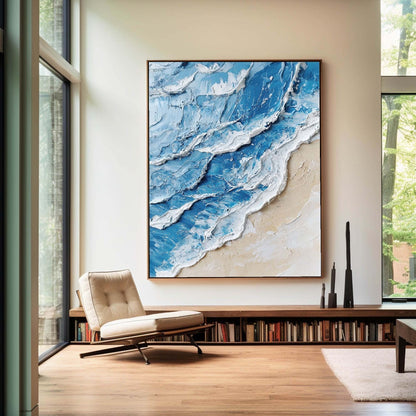 Stunning Blue and White Ocean Wave Oil Painting for Coastal Home Decor