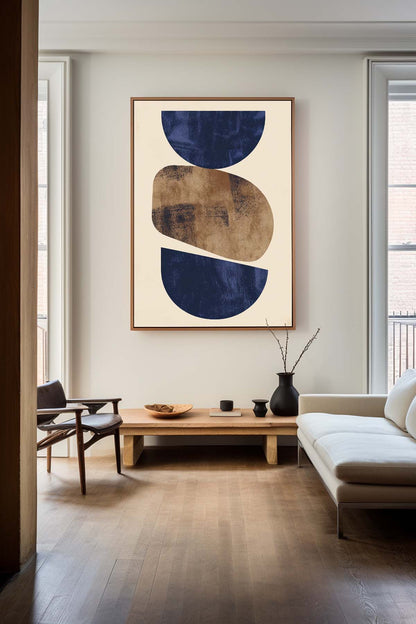Navy and Gold Geometric Abstract Oil Painting for Modern Home Decor