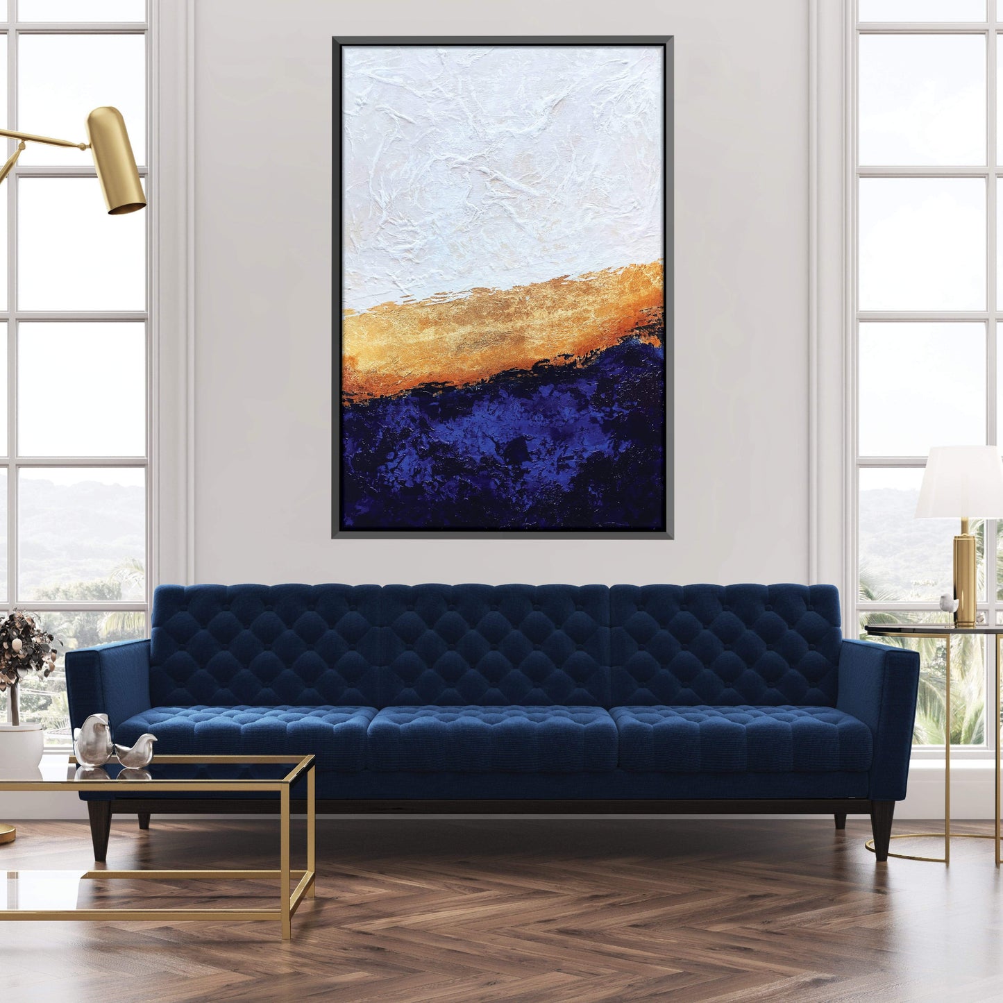 Abstract Landscape Oil Painting with Gold and Blue Textures for Modern Decor