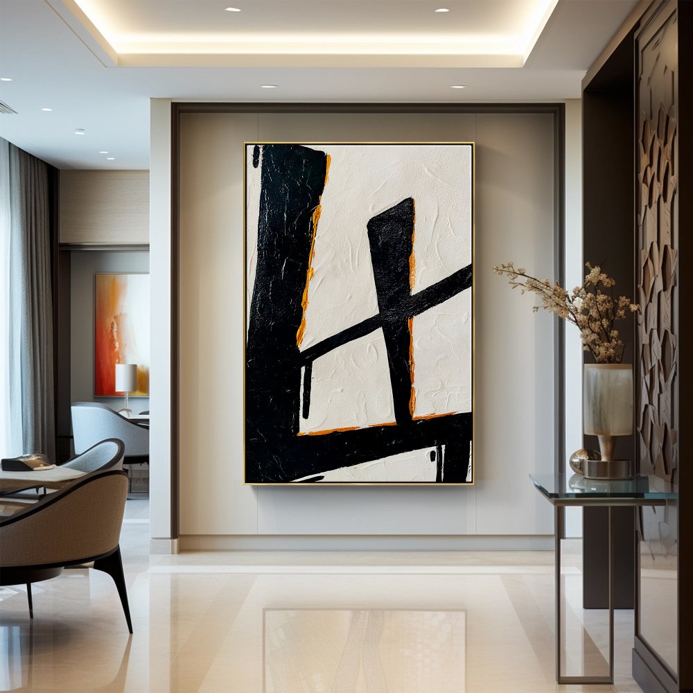 Abstract Black and White Oil Painting with Touches of Gold Elegance