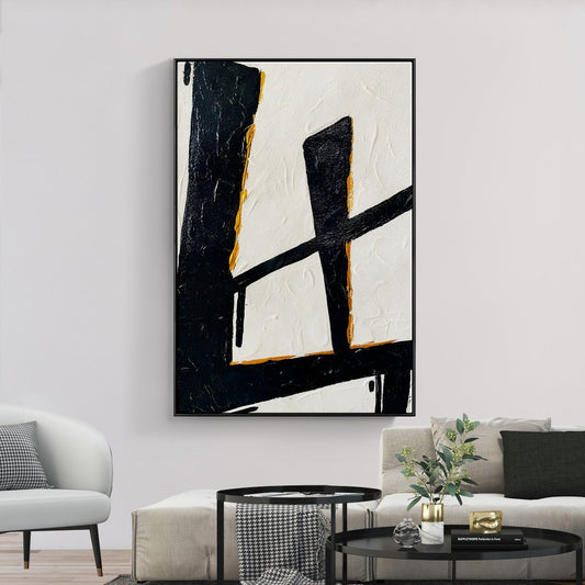 Abstract Black and White Oil Painting with Touches of Gold Elegance