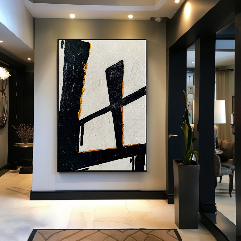 Abstract Black and White Oil Painting with Touches of Gold Elegance