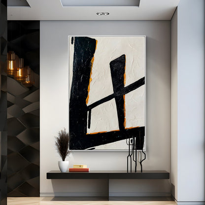 Abstract Black and White Oil Painting with Touches of Gold Elegance