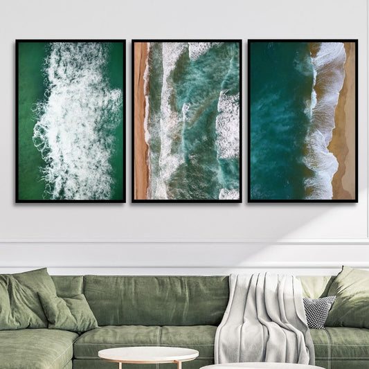 Serene Coastal Waves Triptych - Ocean-Inspired Oil Painting for Home Decor