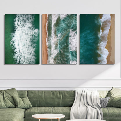 Serene Coastal Waves Triptych - Ocean-Inspired Oil Painting for Home Decor