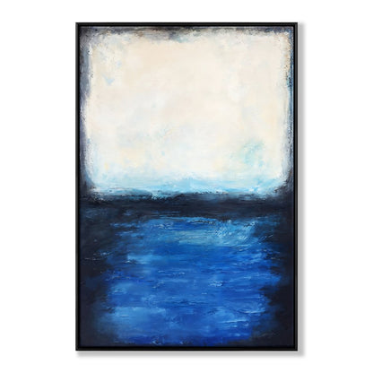 Serene Coastal Escape: Tranquil Oil Painting of Blue Waters and Soft Sky