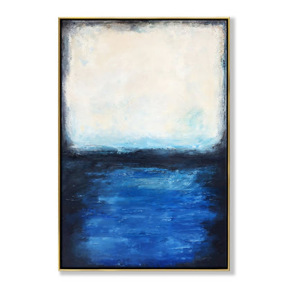 Serene Coastal Escape: Tranquil Oil Painting of Blue Waters and Soft Sky