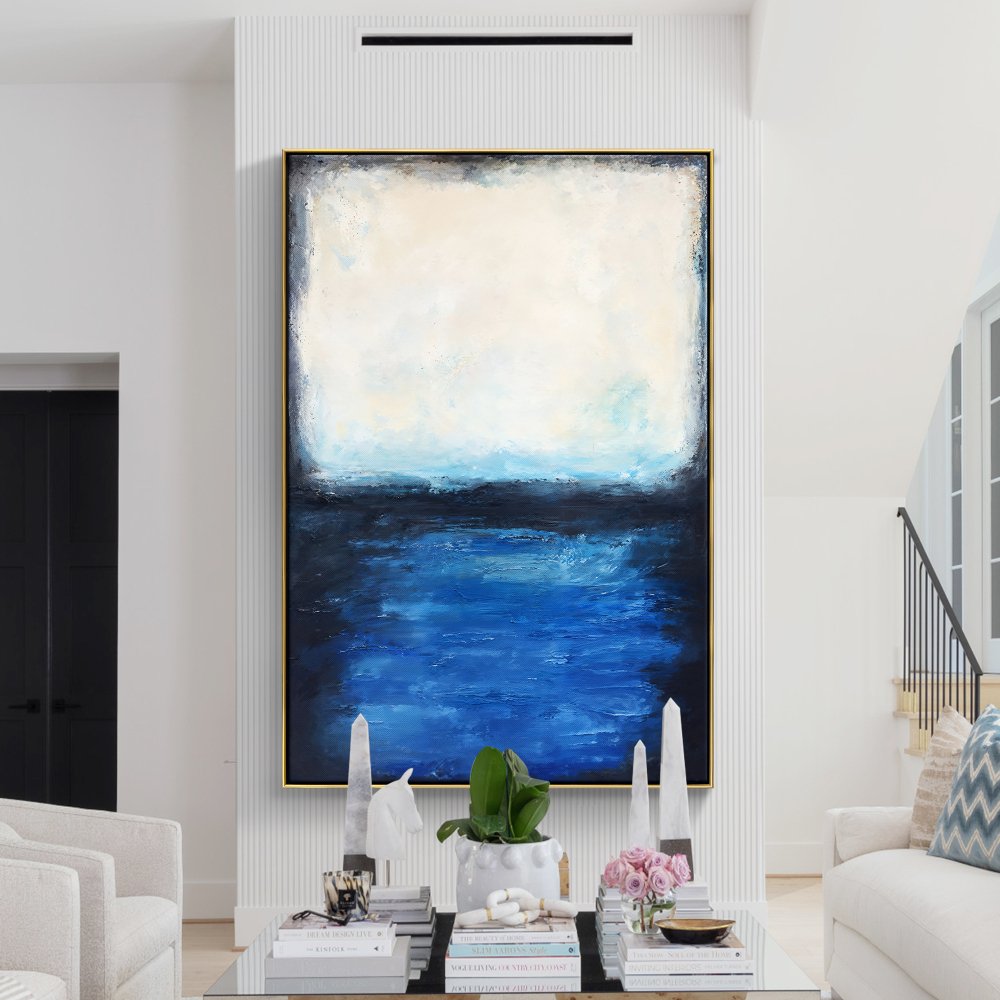 Serene Coastal Escape: Tranquil Oil Painting of Blue Waters and Soft Sky