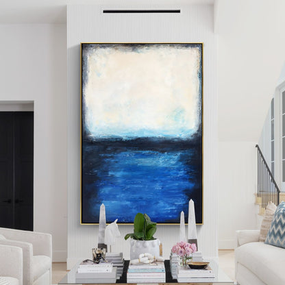 Serene Coastal Escape: Tranquil Oil Painting of Blue Waters and Soft Sky