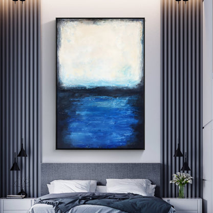 Serene Coastal Escape: Tranquil Oil Painting of Blue Waters and Soft Sky