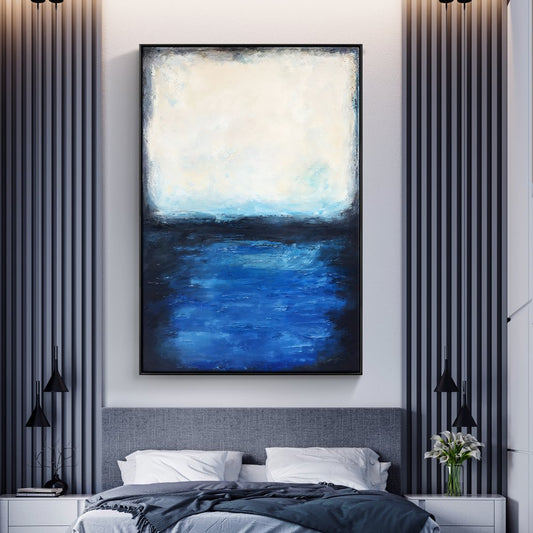 Serene Coastal Escape: Tranquil Oil Painting of Blue Waters and Soft Sky
