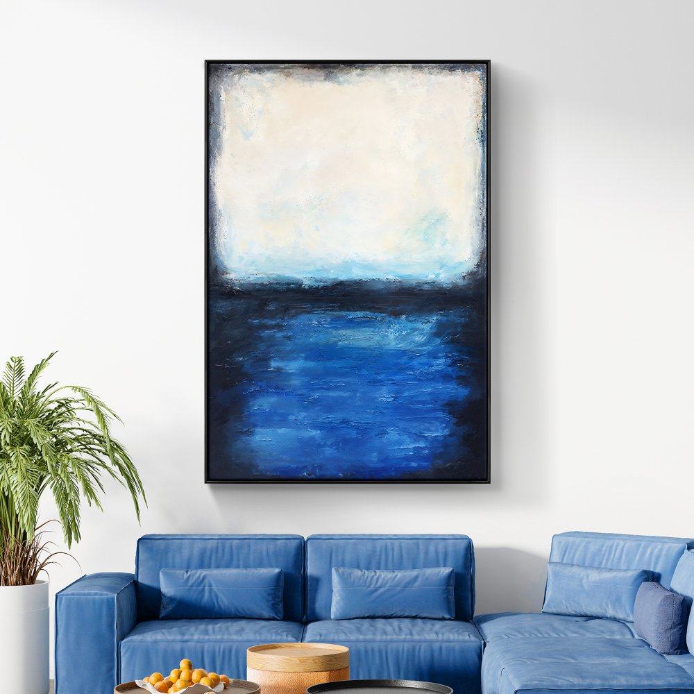 Serene Coastal Escape: Tranquil Oil Painting of Blue Waters and Soft Sky