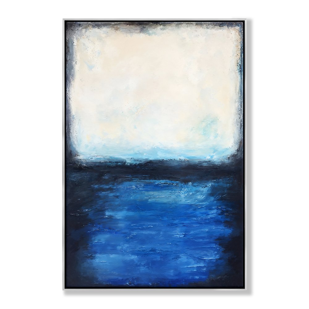 Serene Coastal Escape: Tranquil Oil Painting of Blue Waters and Soft Sky