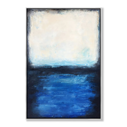 Serene Coastal Escape: Tranquil Oil Painting of Blue Waters and Soft Sky