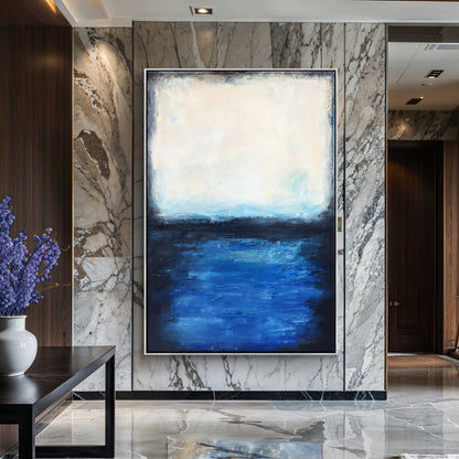 Serene Coastal Escape: Tranquil Oil Painting of Blue Waters and Soft Sky