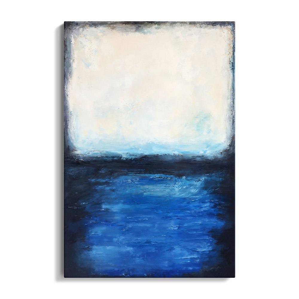 Serene Coastal Escape: Tranquil Oil Painting of Blue Waters and Soft Sky
