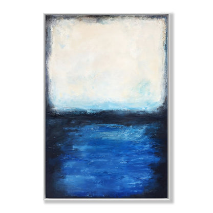 Serene Coastal Escape: Tranquil Oil Painting of Blue Waters and Soft Sky