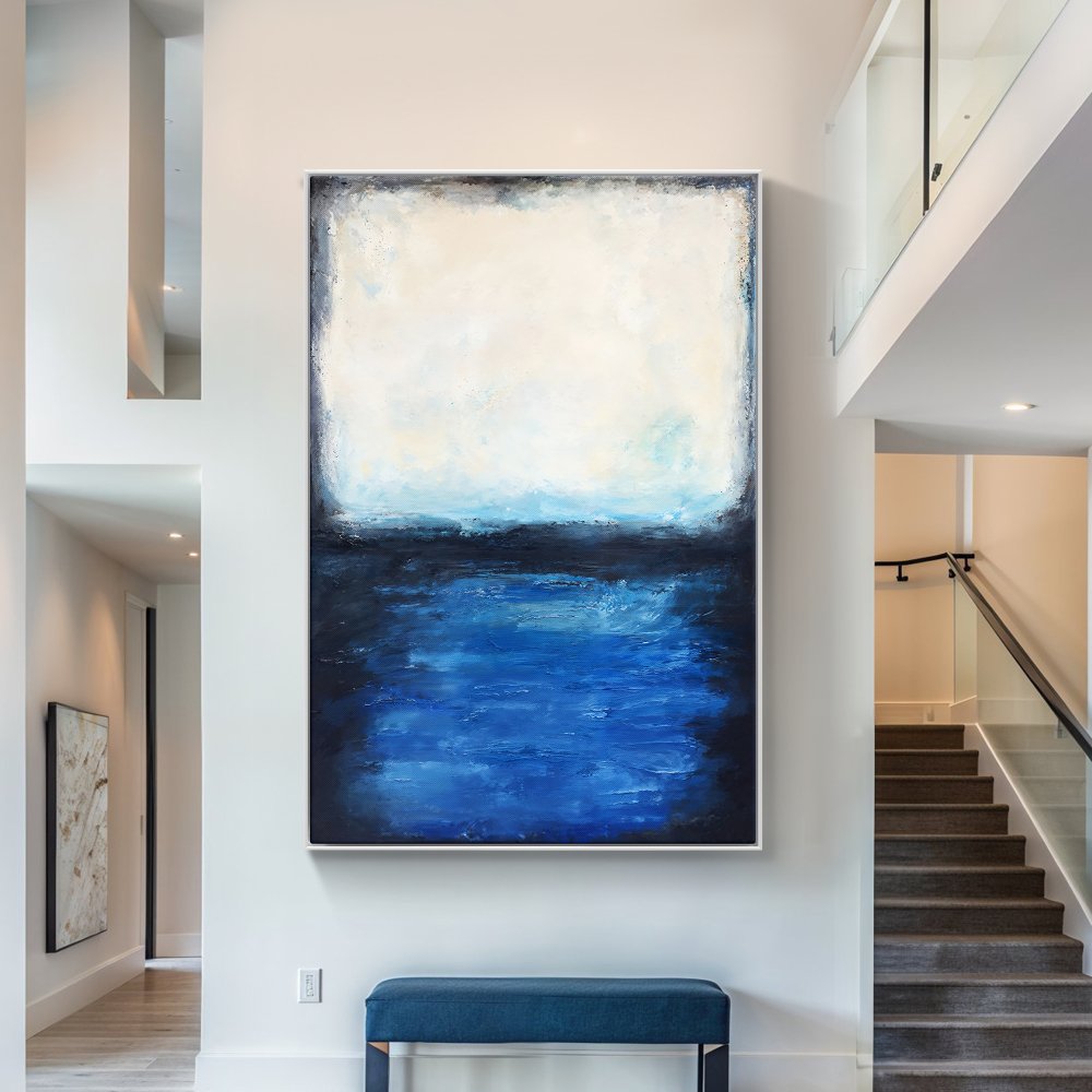 Serene Coastal Escape: Tranquil Oil Painting of Blue Waters and Soft Sky