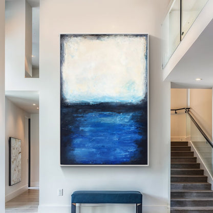 Serene Coastal Escape: Tranquil Oil Painting of Blue Waters and Soft Sky