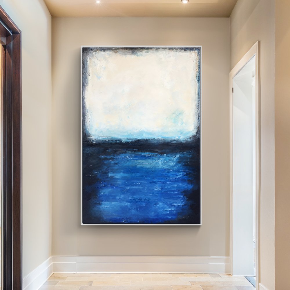 Serene Coastal Escape: Tranquil Oil Painting of Blue Waters and Soft Sky
