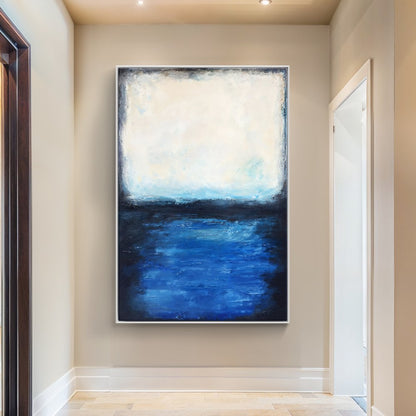 Serene Coastal Escape: Tranquil Oil Painting of Blue Waters and Soft Sky