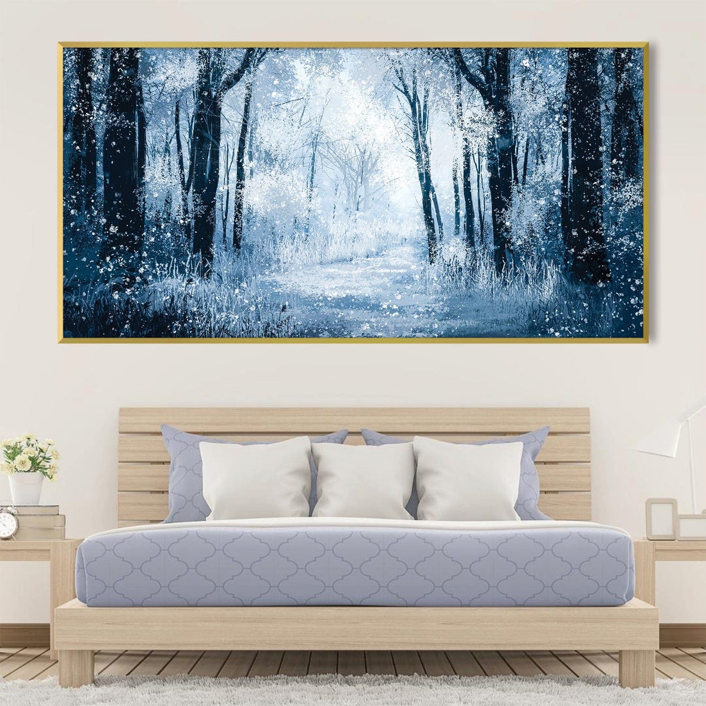 Magical Winter Forest Oil Painting – Tranquil Blue Landscape Art for Home Decor