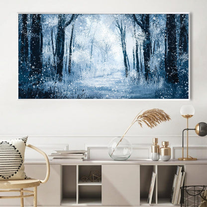 Magical Winter Forest Oil Painting – Tranquil Blue Landscape Art for Home Decor
