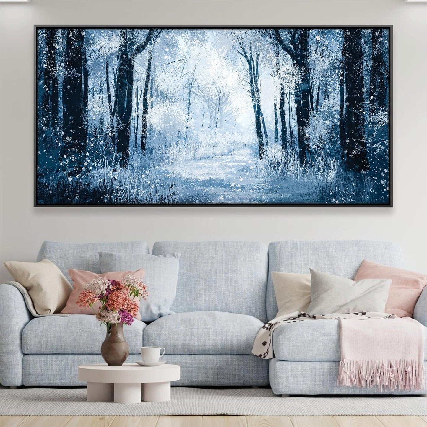 Magical Winter Forest Oil Painting – Tranquil Blue Landscape Art for Home Decor
