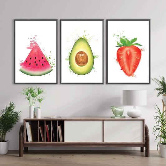 Vibrant Fruit Trio Oil Painting - Watermelon, Avocado, Strawberry Wall Art